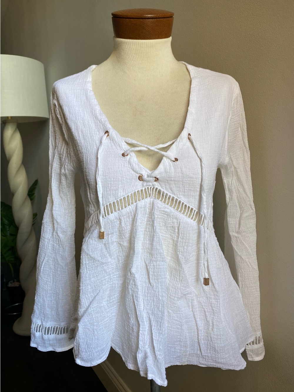 White Lace-Up Peasant Top Bell Sleeves Empire Waist Cotton Gauze Western Boho